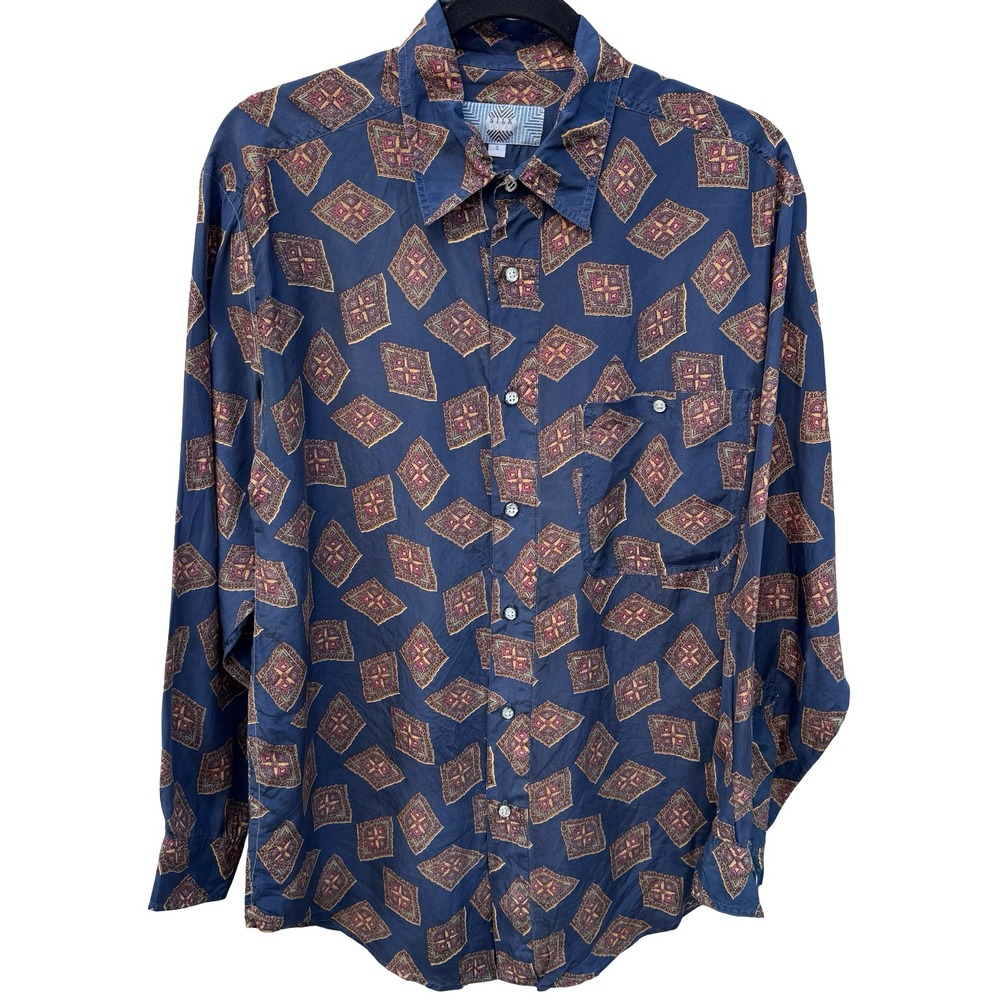 Silk Uomo Vintage 90s Mens Long Sleeve Button Down Shirt Navy Blue Diamond Small